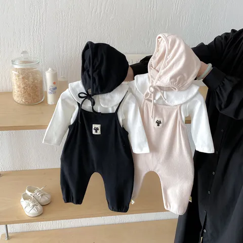 Infant Baby Cotton Romper Bib Pants Set Cute Cat Patch Long Sleeve Undershirt Matching Hat Fall Toddler Clothing