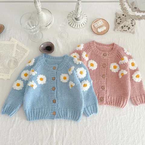 Baby Girls Cute Handmade Daisy Floral Knitted Cardigan Sweater Long Sleeve Toddler Infant Button Down Knit Outerwear Top