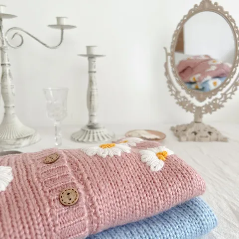 Baby Girls Cute Handmade Daisy Floral Knitted Cardigan Sweater Long Sleeve Toddler Infant Button Down Knit Outerwear Top