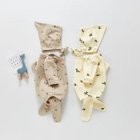 Baby Bekleidungsset Langarm Strampler Fußhose Und Hut Dreiteiliges Outfit Baumwolle Botanischer Druck Kleinkind