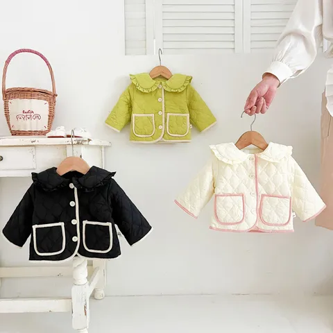 Baby Girls Winter Padded Jacket Cute Doll Collar Single Breasted Quilted Cotton Coat Toddler Warm Outerwear