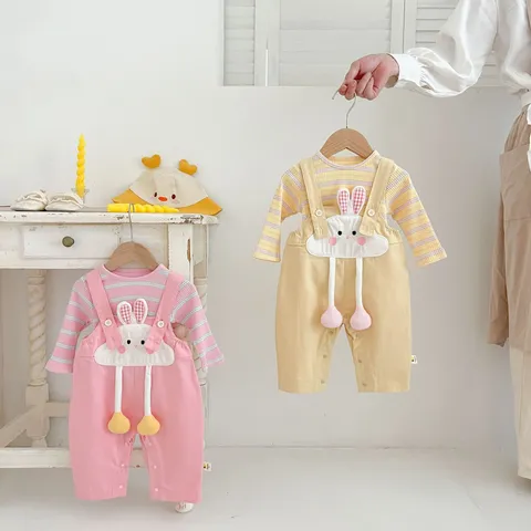 Toddler Baby Girls Casual Cotton Two Piece Set Cute Cartoon Rabbit Suspender Pants And Long Sleeve Striped Top Outfit