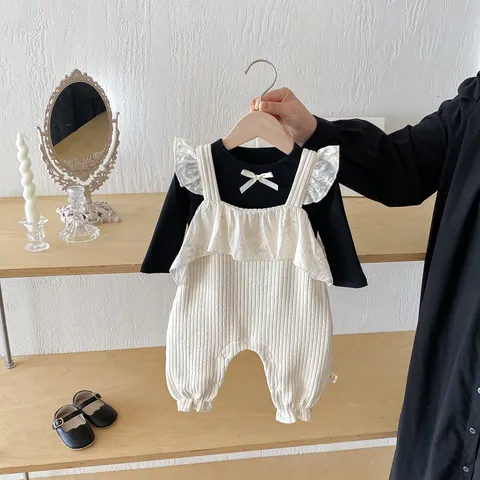 Infant Baby Girls Cotton Ribbed Ruffle Romper Cute Fall Newborn Bodysuit Strap Jumpsuit Everyday Outfit