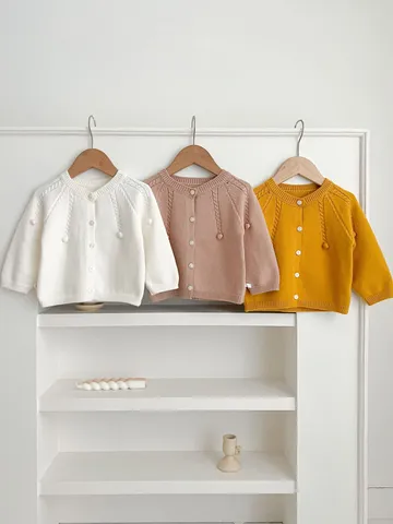 Infant Baby Knit Cardigan Solid Color Long Sleeve Single-Breasted Sweater Cute Pom Pom Toddler Boy Girl Fall Winter Outerwear