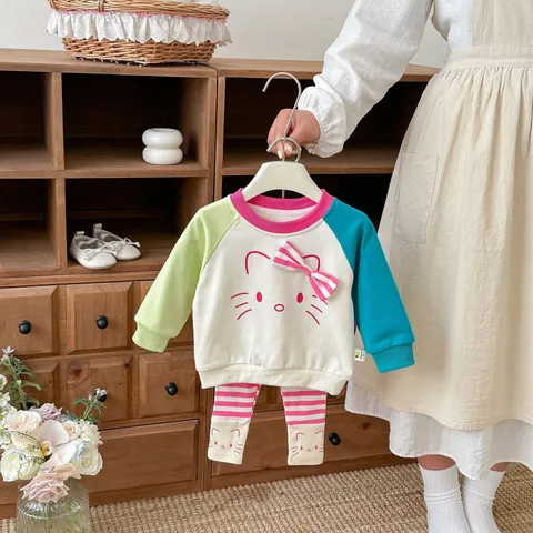 Baby Girls Spring Knit Sweatshirt And Leggings Two Piece Set Cartoon Cat Bow Color Block Kids Casual Long Sleeve Outfit