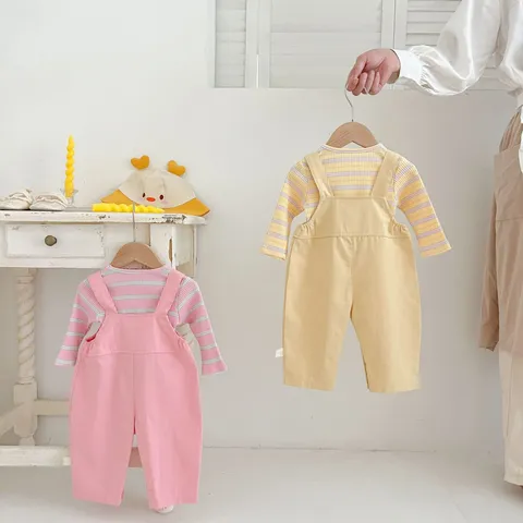 Toddler Baby Girls Casual Cotton Two Piece Set Cute Cartoon Rabbit Suspender Pants And Long Sleeve Striped Top Outfit