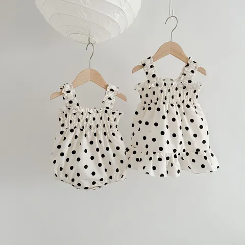Conjunto de Mameluco con Tirantes y Vestido de Princesa de Verano para Bebé Niña Recién Nacida Lunares Algodón