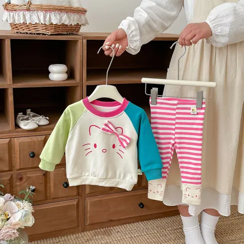 Baby Girls Spring Knit Sweatshirt And Leggings Two Piece Set Cartoon Cat Bow Color Block Kids Casual Long Sleeve Outfit