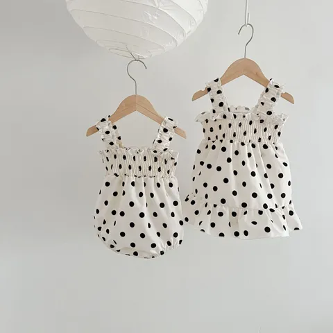 Conjunto de Mameluco con Tirantes y Vestido de Princesa de Verano para Bebé Niña Recién Nacida Lunares Algodón