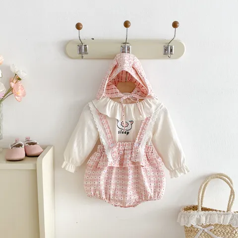 Ensemble de Vêtements d'Automne pour Bébé Fille T-Shirt à Volants Manches Longues Barboteuse Salopette à Carreaux Avec Bonnet Oreilles de Lapin Tenue 3 Pièces