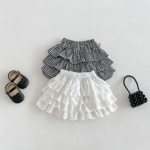 Filles Été Doux Style Princesse Coton Volants Superposés Jupe Tout-petit Décontracté Mignon Couleur Unie Plaid Jupe Superposée