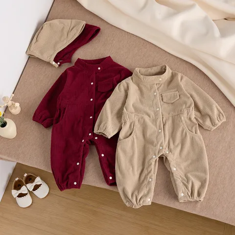 Baby Ribfluweel Jumpsuit Peuter Lange Mouw Romper Met Hoed Pasgeboren Utility Bodysuit Schattige Lente Herfst Babykleding