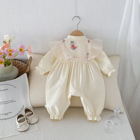 Infant Baby Girl Chinese Style Hanfu Romper Cute Ruffle Collar Long Sleeve Cotton One-Piece Spring Autumn Bodysuit