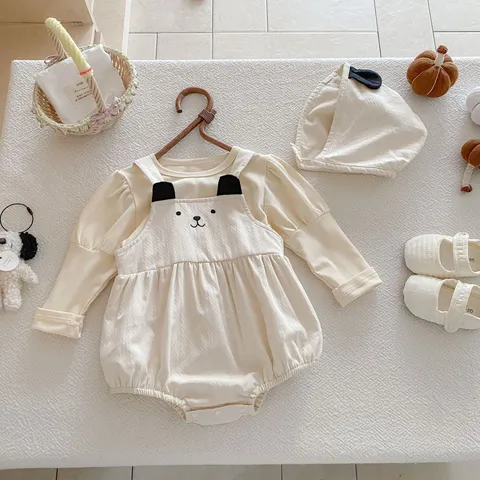 Cute Korean Style Infant Baby Cotton Romper Bear Ears Long Sleeve Bodysuit With Hat Set Newborn Girls Casual Clothing