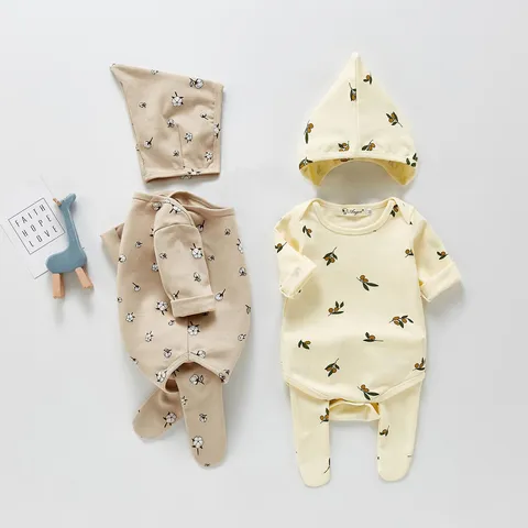 Baby Bekleidungsset Langarm Strampler Fußhose Und Hut Dreiteiliges Outfit Baumwolle Botanischer Druck Kleinkind