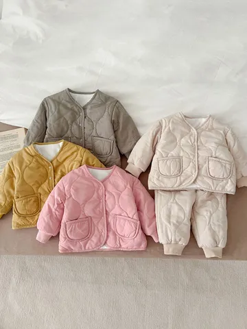 Neonato Unisex Inverno Caldo Trapuntato Cotone Cappotto e Pantaloni Set Bambini Ispessito Termico Due Pezzi Vestito
