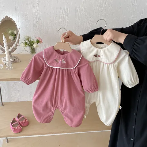 Baby Girls Corduroy Romper Infant Long Sleeve Turn Down Collar Cute Animal Embroidery Jumpsuit Toddler Casual Crawler