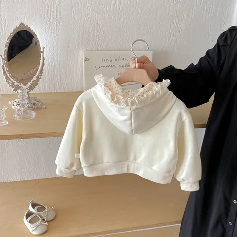 Baby Girls Autumn Short Jacket Cute Floral Lace Trim Hooded Sweatshirt Infant Long Sleeve Full Zip Outerwear Tops