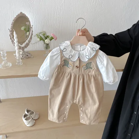 Infant Baby Girls Clothing Set Long Sleeve Doll Collar Top And Cute Strap Pants Spring Fall Toddler Outfit Kids Apparel