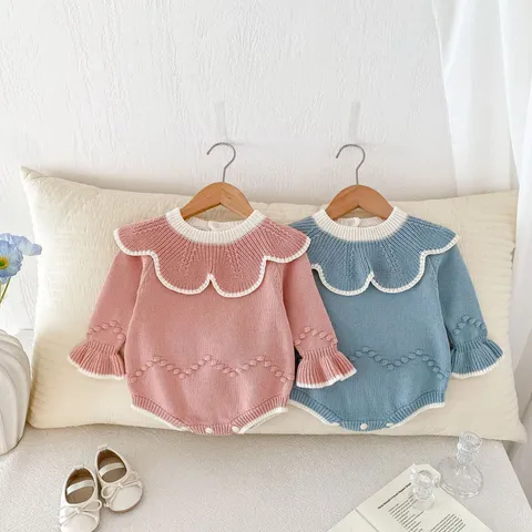 Baby Mädchen Gestrickter Strampler Süßer Pom Pom Lotusblatt Kragen Langarm Kleinkind Einteiler Jumpsuit Herbst Frühling Babykleidung