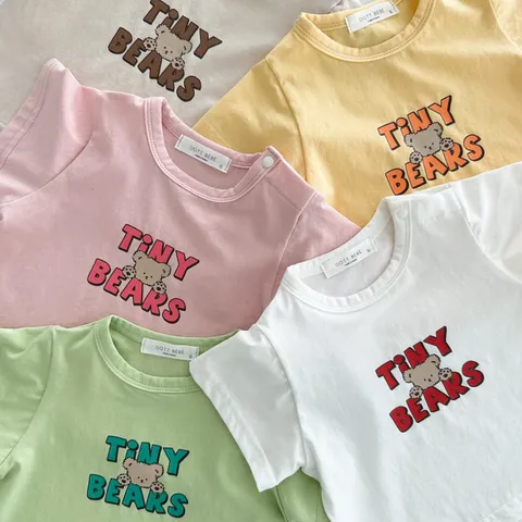 Bebé Niños Algodón Manga Corta Camiseta Estilo Coreano Lindo Oso Letra Estampado Cuello Redondo Jersey Verano Top Diario