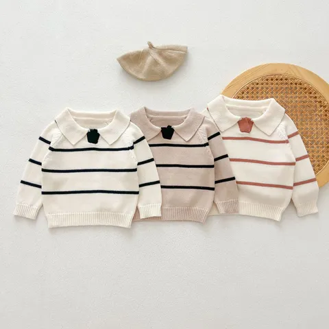 Infant Baby Boys Girls Knit Sweater Autumn Winter Long Sleeve Lapel Striped Pullover Tops Children Casual Knitwear