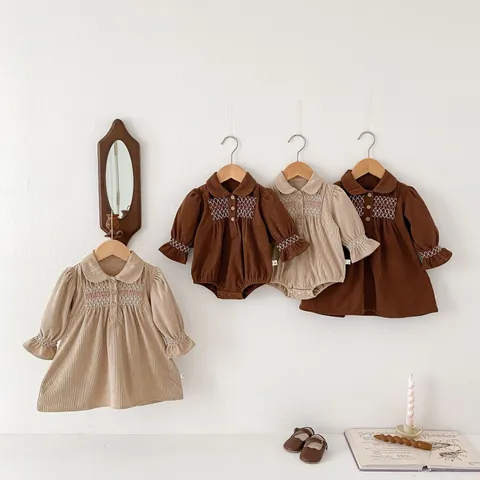 Infant Baby Girls Corduroy Long Sleeve Turn-Down Collar Dress Romper Cute Sweet Toddler Spring Autumn Children Clothing