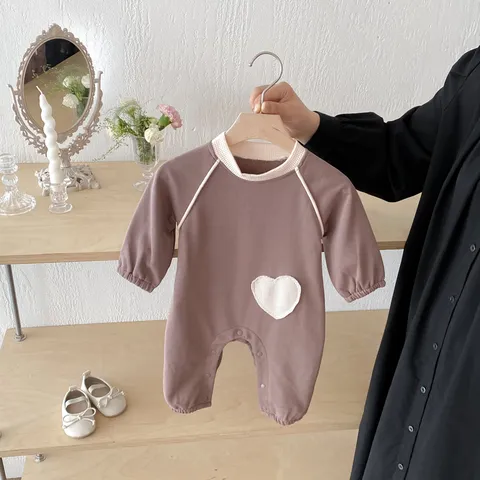 Säugling Baby Baumwolle Langarm Strampler Süß Herz Flicken Rundhals Neugeborenes Baby Junge Mädchen Herbst Jumpsuit