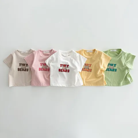 Bebé Niños Algodón Manga Corta Camiseta Estilo Coreano Lindo Oso Letra Estampado Cuello Redondo Jersey Verano Top Diario