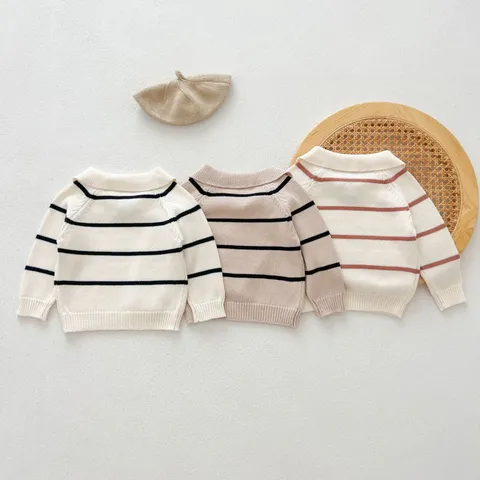 Infant Baby Boys Girls Knit Sweater Autumn Winter Long Sleeve Lapel Striped Pullover Tops Children Casual Knitwear