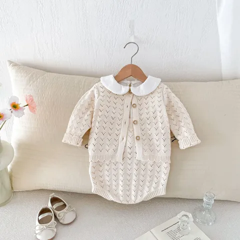 Kleinkind Baby Mädchen Strickjacke Und Trägerromper Zweiteiliges Set Süßes Ausgeschnittenes Langarm Baumwollmischung Outfit Babybekleidung