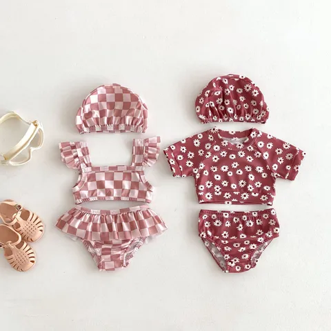 Baby Mädchen Floral Karo Bikini Badeanzug Set Kleinkind Dreiteilige Badebekleidung Mit Hut Sommer Strand