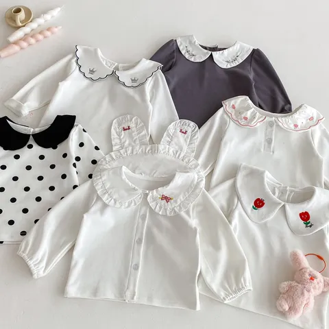 Infant Baby Girls Long Sleeve T-Shirt Cotton Turn-down Collar Embroidered Polka Dot Fall Tops Kids Casual Clothing