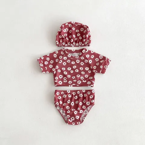 Baby Mädchen Floral Karo Bikini Badeanzug Set Kleinkind Dreiteilige Badebekleidung Mit Hut Sommer Strand