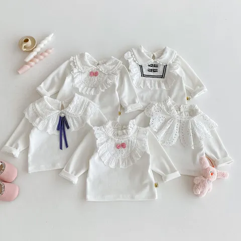 Baby Girls White Long Sleeve Cotton T-Shirt Turn-down Collar Lace Ruffle Basic Blouse Infant Fall Clothes