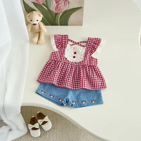 Toddler Baby Girls Summer Red Plaid Sleeveless Top And Denim Bottom Set Cute Infant Children Clothes