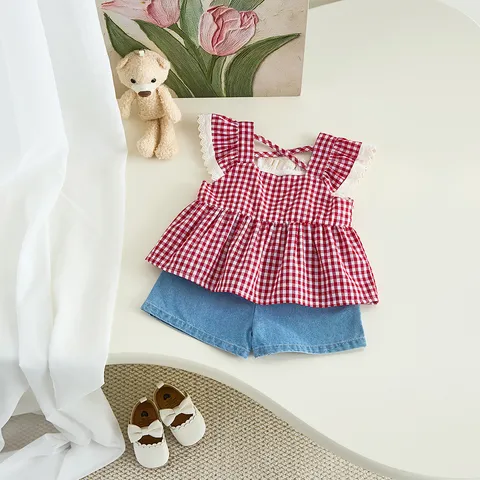 Toddler Baby Girls Summer Red Plaid Sleeveless Top And Denim Bottom Set Cute Infant Children Clothes