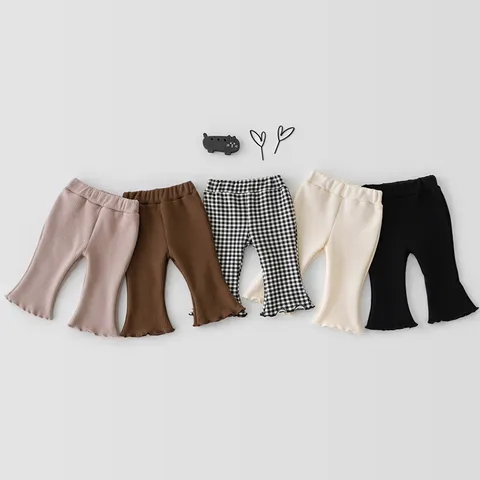 Girls Korean Style Cotton Plaid Flared Pants Cute Ruffle Edge Casual Long Pants Spring Children Clothing Kids Apparel