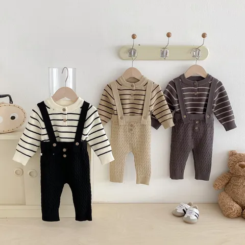 Infant Baby Boys Girls Fall Outfit Knitted Striped Long Sleeve Sweater And Strap Trousers Two Piece Set Toddler Clothes