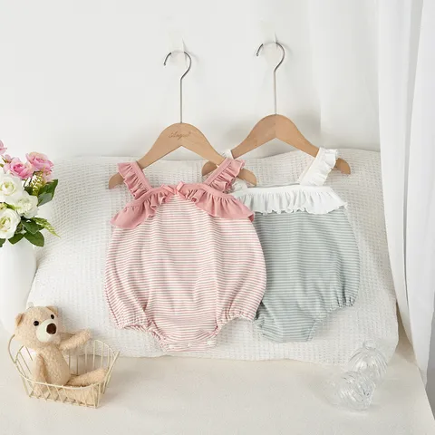 Infant Baby Girls Summer Romper Cute Striped Ruffle Strap Cotton Bodysuit Newborn Casual One-Piece Outfits Clothes