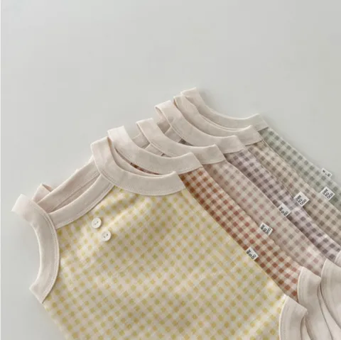Newborn Infant Baby Cotton Strap Jumpsuit Summer Solid Plaid Triangle Romper Cute Casual Basic Bodysuit Baby Clothes