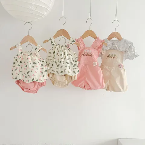 Baby Girls Summer Floral Strap Top And Shorts Set Cute Infant Cotton Blend Toddler Two Piece Outfit Kids Clothes