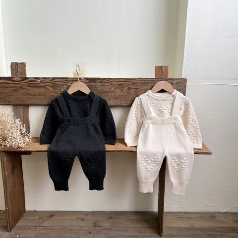 Neonato Bambini Ragazzi Ragazze Felpa Lavorata a Maglia Cardigan Pantaloni con Pettorina Set Stile Coreano Autunno Inverno Abbigliamento in Cotone