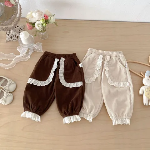 Toddler Girls Spring Corduroy Pants Korean Style Cute Lace Cuffed Trousers Infant Baby Casual Solid Color Long Pants