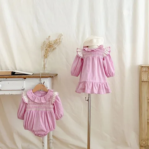 Infant Baby Girls Long Sleeve Romper Dress Fall Sweet Ruffle Cotton Bodysuit Toddler Sister Matching Clothes
