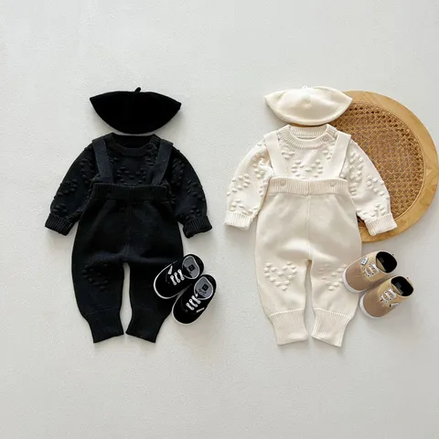 Neonato Bambini Ragazzi Ragazze Felpa Lavorata a Maglia Cardigan Pantaloni con Pettorina Set Stile Coreano Autunno Inverno Abbigliamento in Cotone