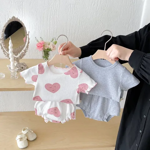 Nouveau-Né Bébé Unisexe Été Coton Côtelé Haut à Manches Courtes et Couvre-Couche Ensemble Vêtements Bébé Décontractés