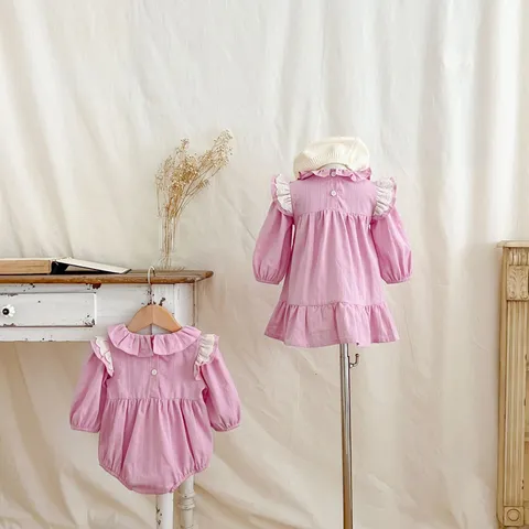 Infant Baby Girls Long Sleeve Romper Dress Fall Sweet Ruffle Cotton Bodysuit Toddler Sister Matching Clothes
