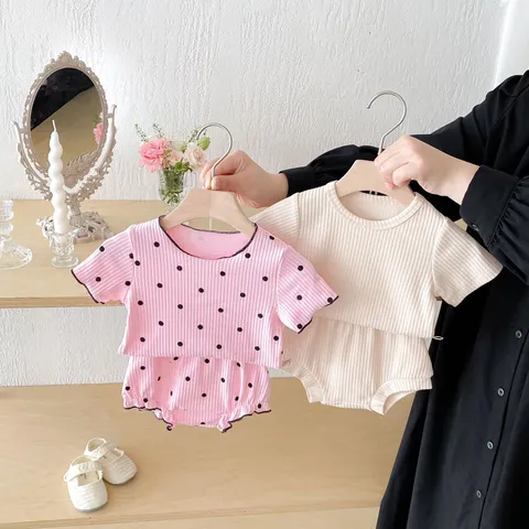 Nouveau-Né Bébé Unisexe Été Coton Côtelé Haut à Manches Courtes et Couvre-Couche Ensemble Vêtements Bébé Décontractés