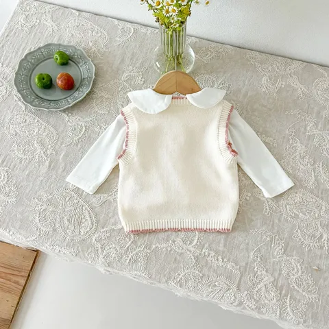 Baby Girls Strawberry Embroidered Knit Vest Autumn Korean Style Sleeveless V-Neck Cardigan Cotton Top